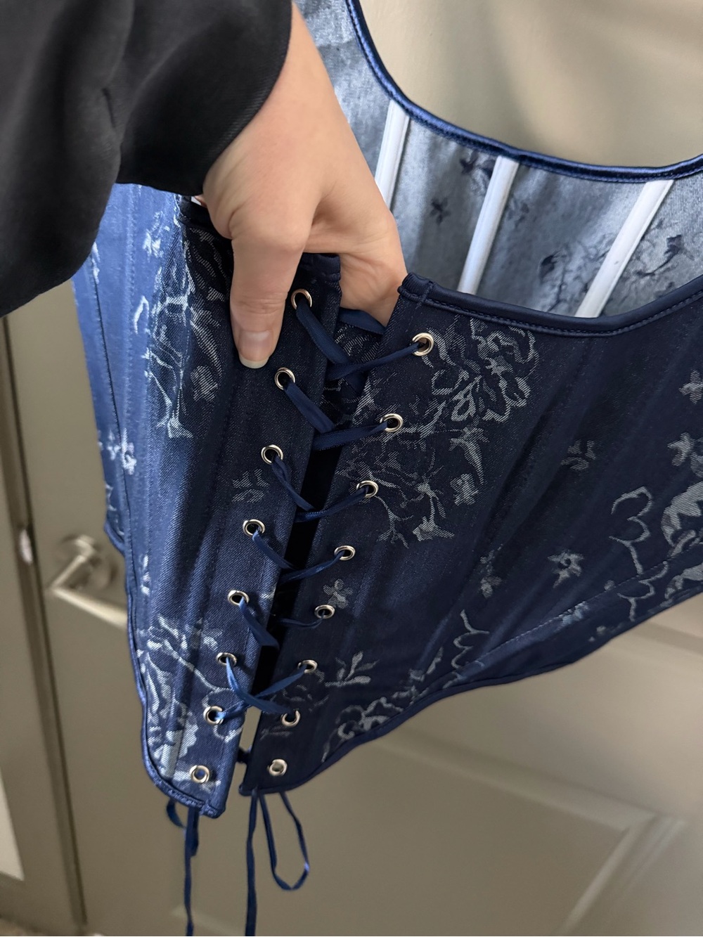 Handmade Navy Blue Corset Top, Renaissance Overbust, Front Lace Bustier - Picture 12 of 16